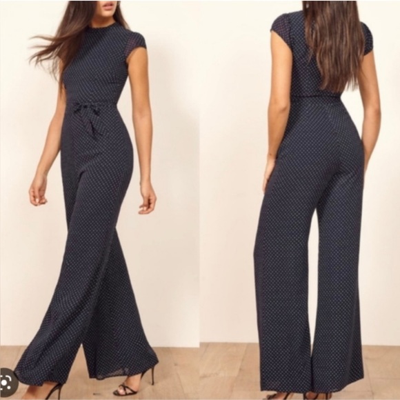 REFORMATION Elaine Navy Polka Dot Jumpsuit | Size 2 - Picture 2 of 6